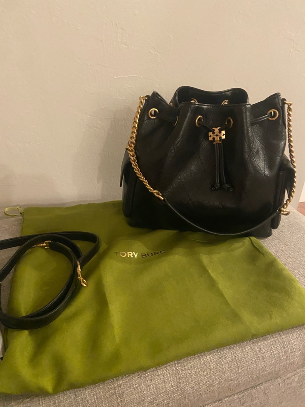 Tory Burch Charlie Quilted Black Leather Drawstring Bag- Small Size